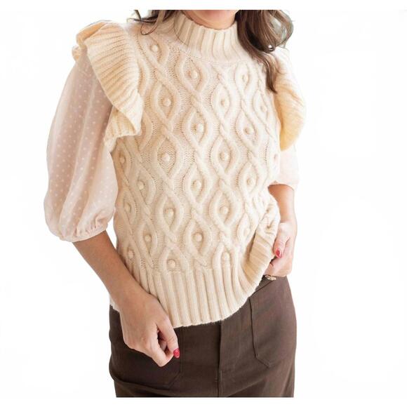 VOY Sweaters - NEW VOY polka dot sheer sleeve sweater in beige